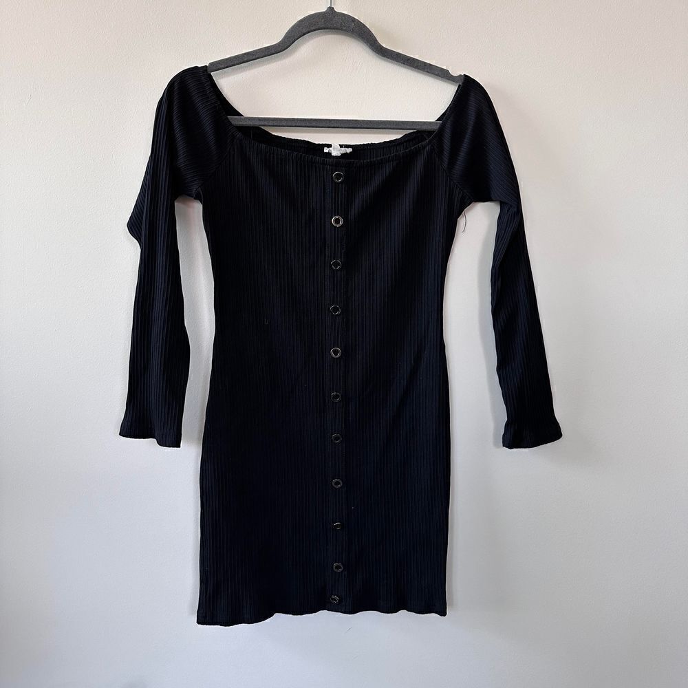 Lunik Women's Black Ribbed Bodycon Off Shoulder Button Down Long Sleeve Dress L - Picture 7 of 12